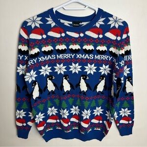Jake Austin Fair Isle Ugly Christmas Sweater Penguins Men's size Large Blue Red